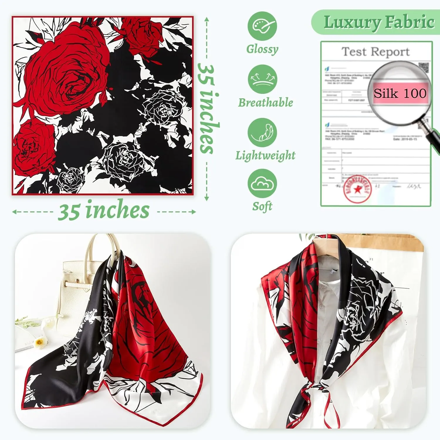 100% Mulberry Silk Head Scarf for Sleeping 35"x35" Square Silk Hair Scarf for Women Lightweight Bandana Large