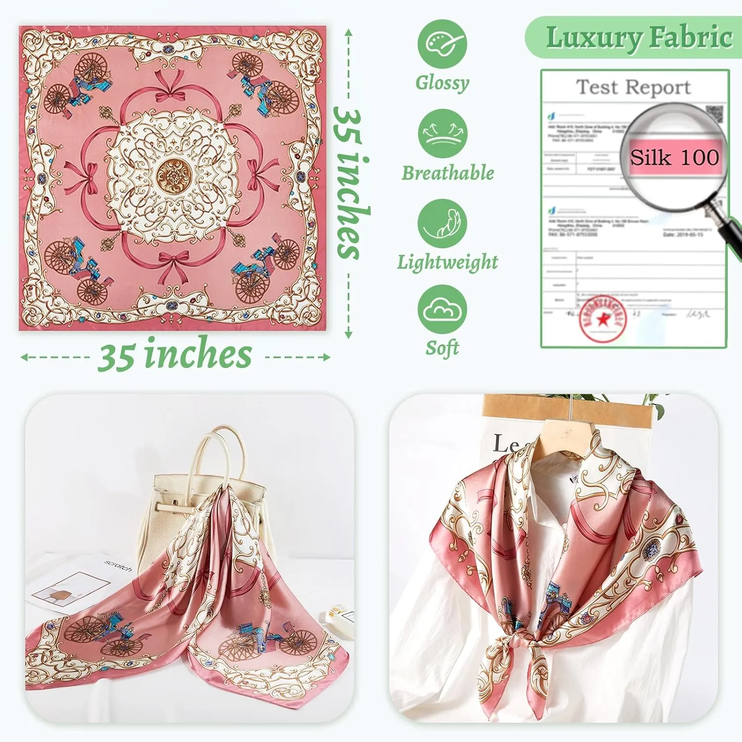 100% Mulberry Silk Head Scarf for Sleeping 35"x35" Square Silk Hair Scarf for Women Lightweight Bandana Large