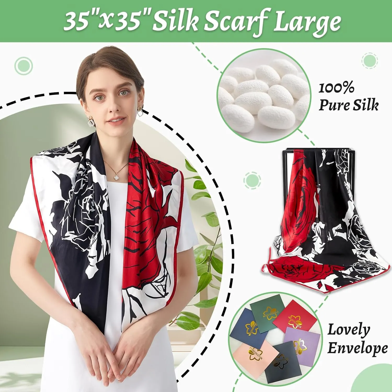 100% Mulberry Silk Head Scarf for Sleeping 35"x35" Square Silk Hair Scarf for Women Lightweight Bandana Large