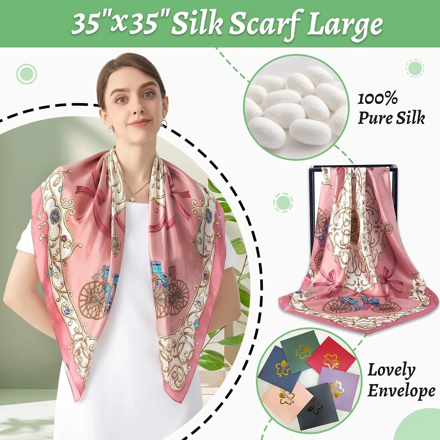 100% Mulberry Silk Head Scarf for Sleeping 35"x35" Square Silk Hair Scarf for Women Lightweight Bandana Large