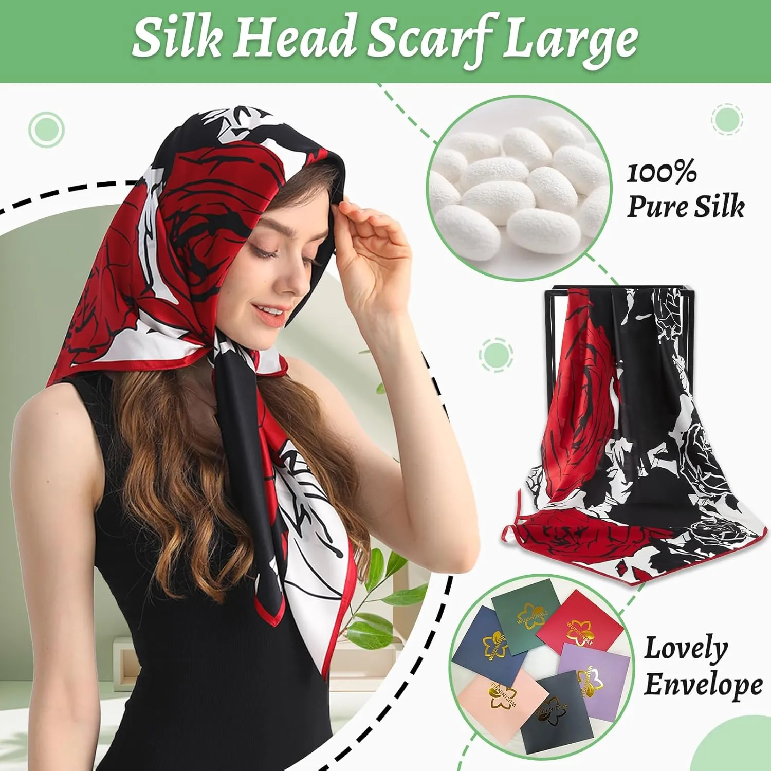 100% Mulberry Silk Head Scarf for Sleeping 35"x35" Square Silk Hair Scarf for Women Lightweight Bandana Large