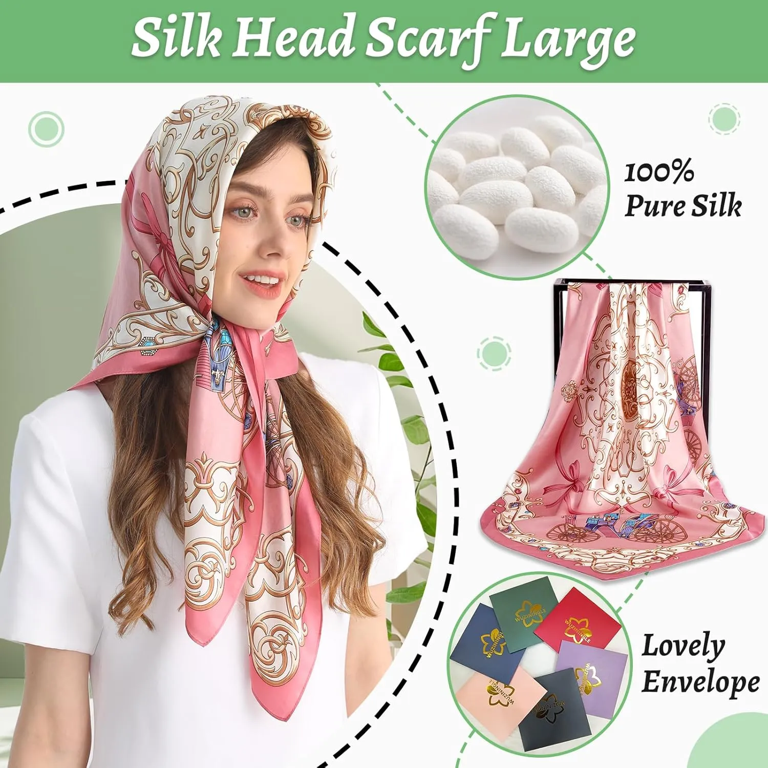 100% Mulberry Silk Head Scarf for Sleeping 35"x35" Square Silk Hair Scarf for Women Lightweight Bandana Large