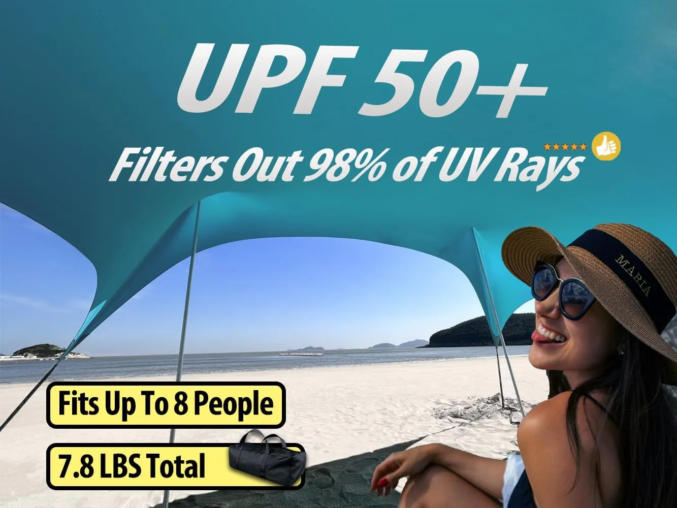 1010ft UPF50  Beach Tent Sun Shelter, Windproof Stable Outdoor Pop Up Beach Shade Canopy for Camping, Fishing, Backyard Fun or Picnics, 2 Poles
