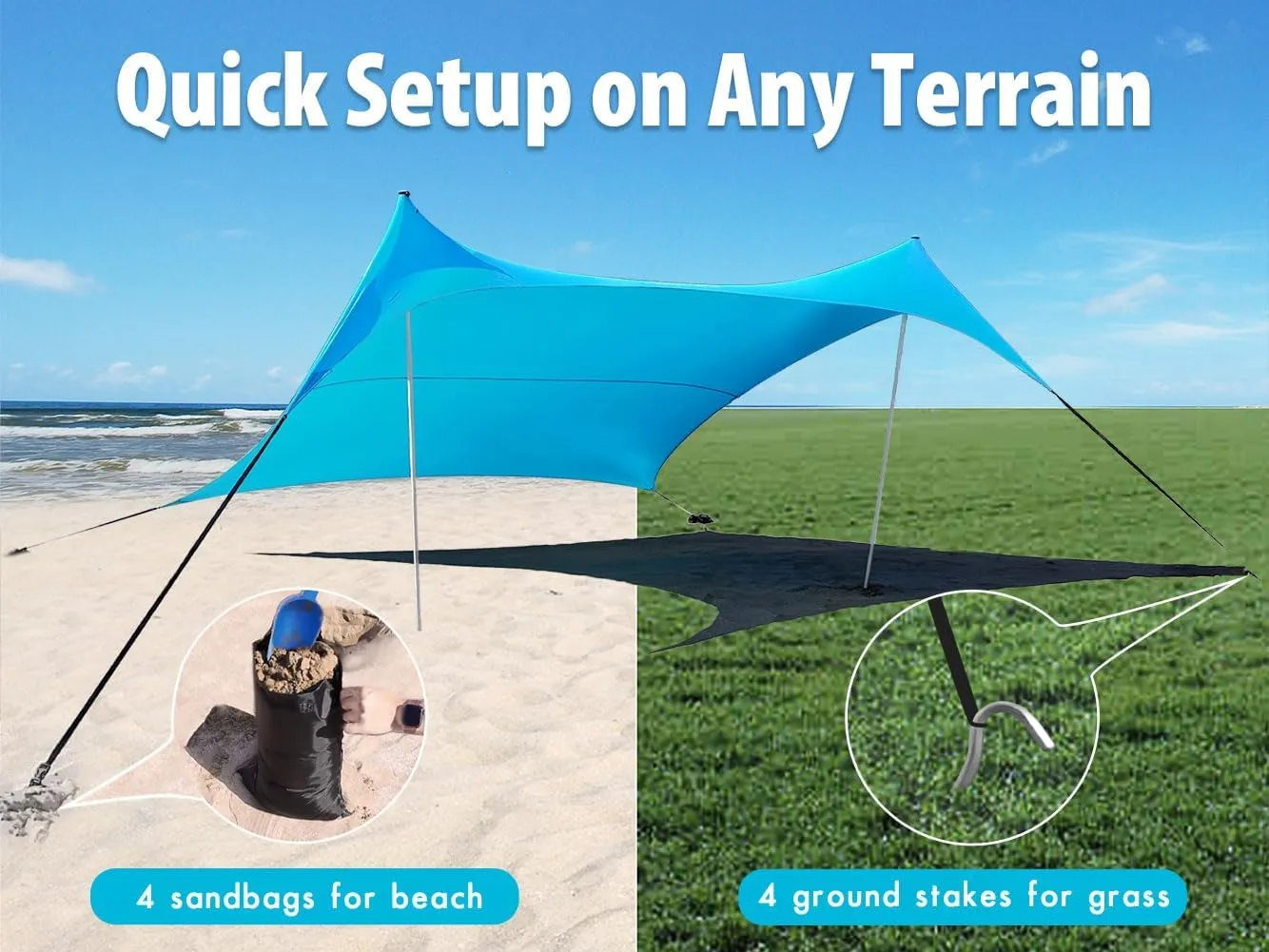 1010ft UPF50  Beach Tent Sun Shelter, Windproof Stable Outdoor Pop Up Beach Shade Canopy for Camping, Fishing, Backyard Fun or Picnics, 2 Poles