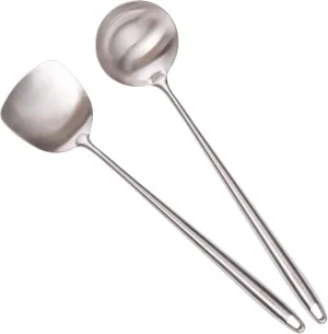 17 Wok Spatula and Ladle - 304 Stainless Steel Wok Tools Set, 2-Pieces Extra Long Handle Cooking Tools, All Metal Wok Utensils and Wok Accessories for Cast Iron/Carbon Steel Wok