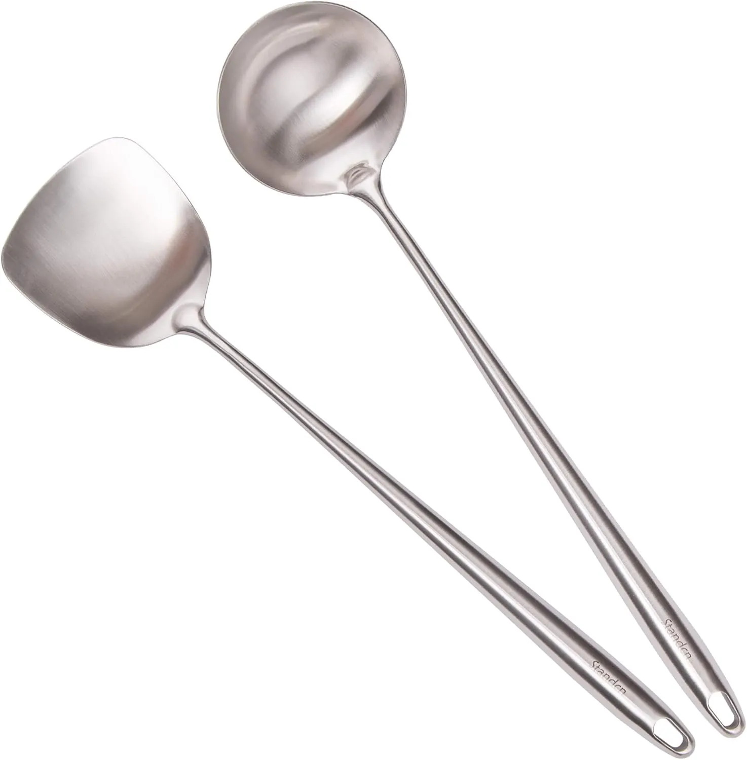 17 Wok Spatula and Ladle - 304 Stainless Steel Wok Tools Set, 2-Pieces Extra Long Handle Cooking Tools, All Metal Wok Utensils and Wok Accessories for Cast Iron/Carbon Steel Wok