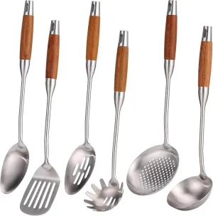 18/10 Stainless Steel Kitchen Utensils Set with Wood Handle - 15 Long Metal Cooking Tools - Serving Solid/Slotted Spoon, Tunner, Skimmer, Soup Ladle, Spaghetti Spoon, Large Spoons Set of 6