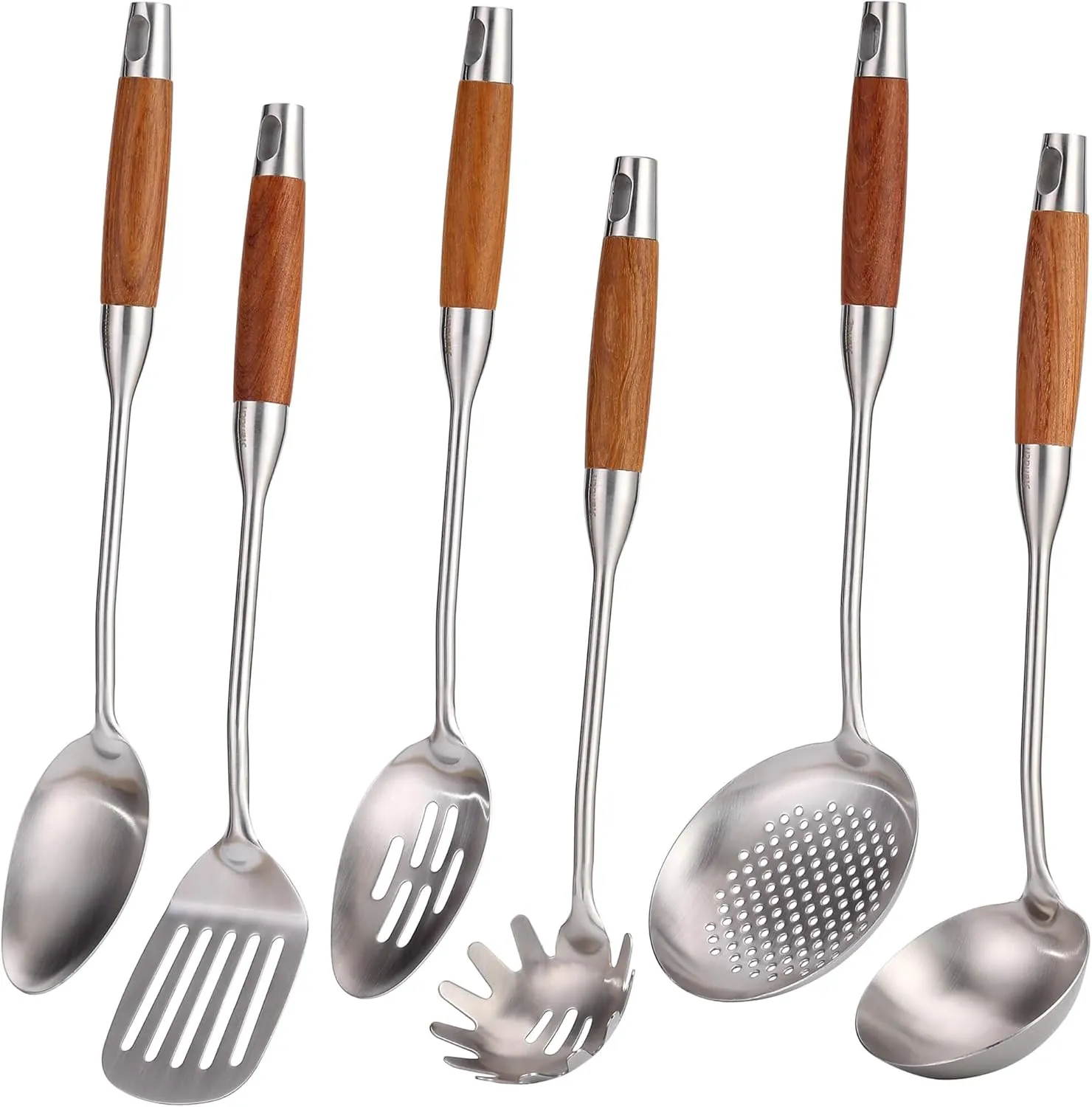 18/10 Stainless Steel Kitchen Utensils Set with Wood Handle - 15 Long Metal Cooking Tools - Serving Solid/Slotted Spoon, Tunner, Skimmer, Soup Ladle, Spaghetti Spoon, Large Spoons Set of 6