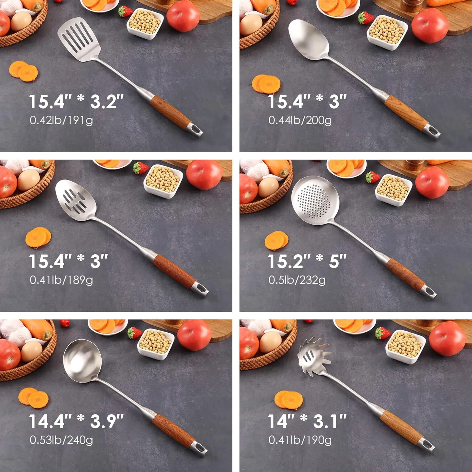 18/10 Stainless Steel Kitchen Utensils Set with Wood Handle - 15 Long Metal Cooking Tools - Serving Solid/Slotted Spoon, Tunner, Skimmer, Soup Ladle, Spaghetti Spoon, Large Spoons Set of 6