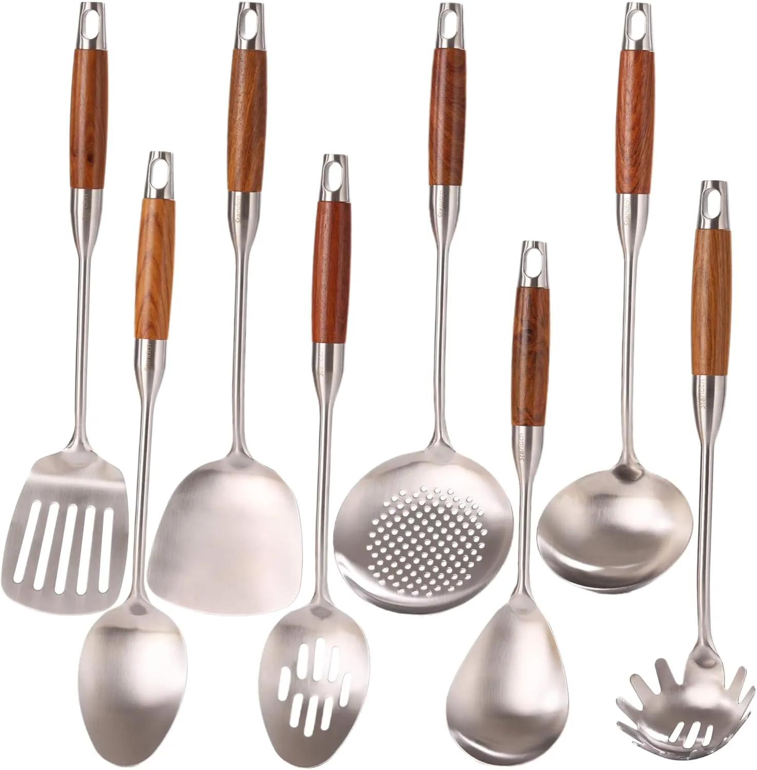 18/10 Stainless Steel Kitchen Utensils Set with Wood Handle - 15Metal Cooking Tools & Serving Utensil, 8-Pieces Cooking Spoons Set - Spatula, Ladle, Skimmer, Turner, Pasta, Solid Spoon, Slotted Spoon