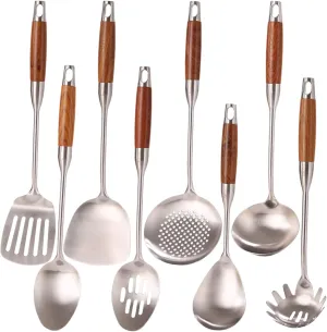 18/10 Stainless Steel Kitchen Utensils Set with Wood Handle - 15Metal Cooking Tools & Serving Utensil, 8-Pieces Cooking Spoons Set - Spatula, Ladle, Skimmer, Turner, Pasta, Solid Spoon, Slotted Spoon