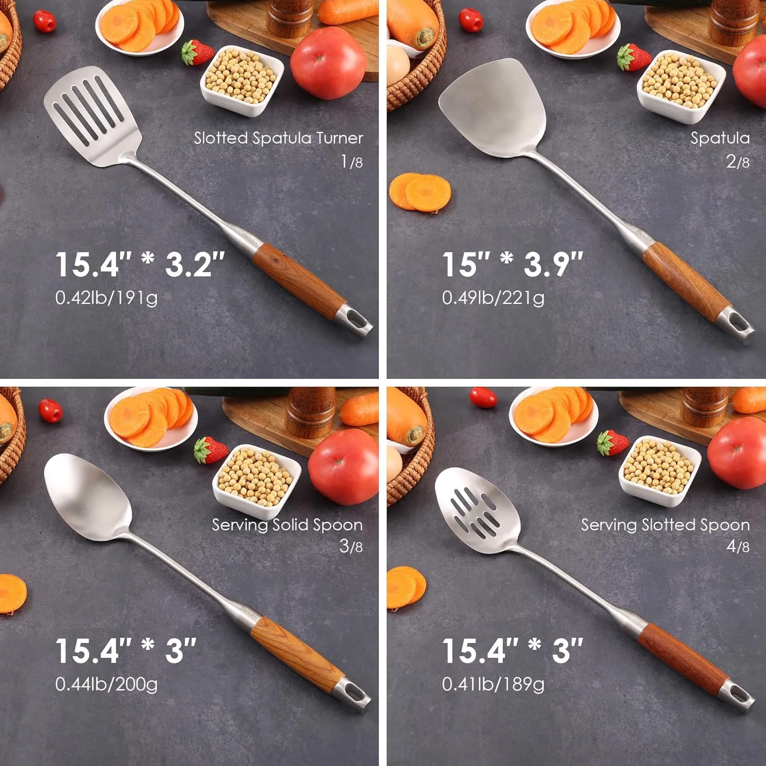 18/10 Stainless Steel Kitchen Utensils Set with Wood Handle - 15Metal Cooking Tools & Serving Utensil, 8-Pieces Cooking Spoons Set - Spatula, Ladle, Skimmer, Turner, Pasta, Solid Spoon, Slotted Spoon