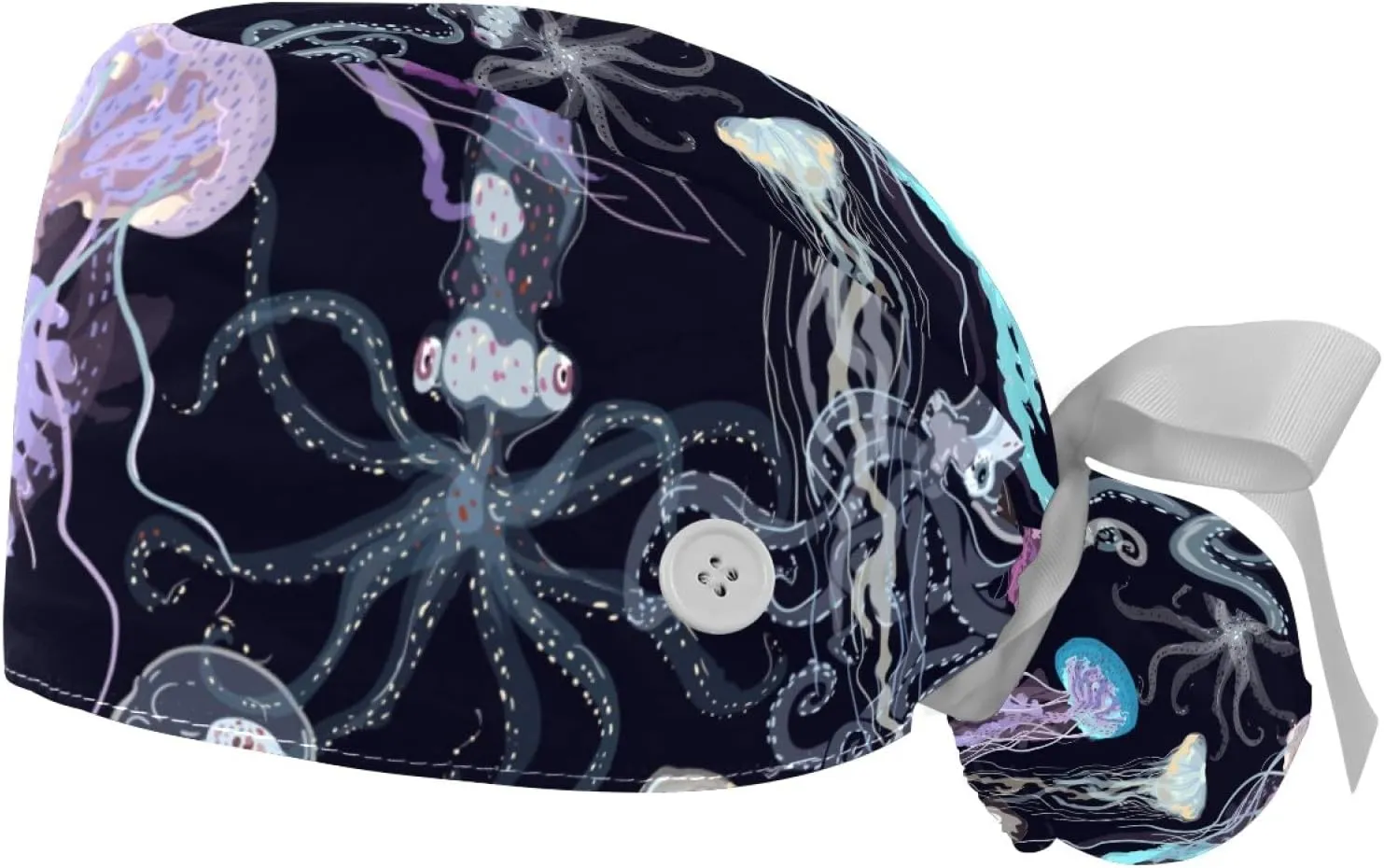2 Pcs Womens Working Caps with Button Ocean Turtle Long Hair Cover Ribbon Lace-Up Hat