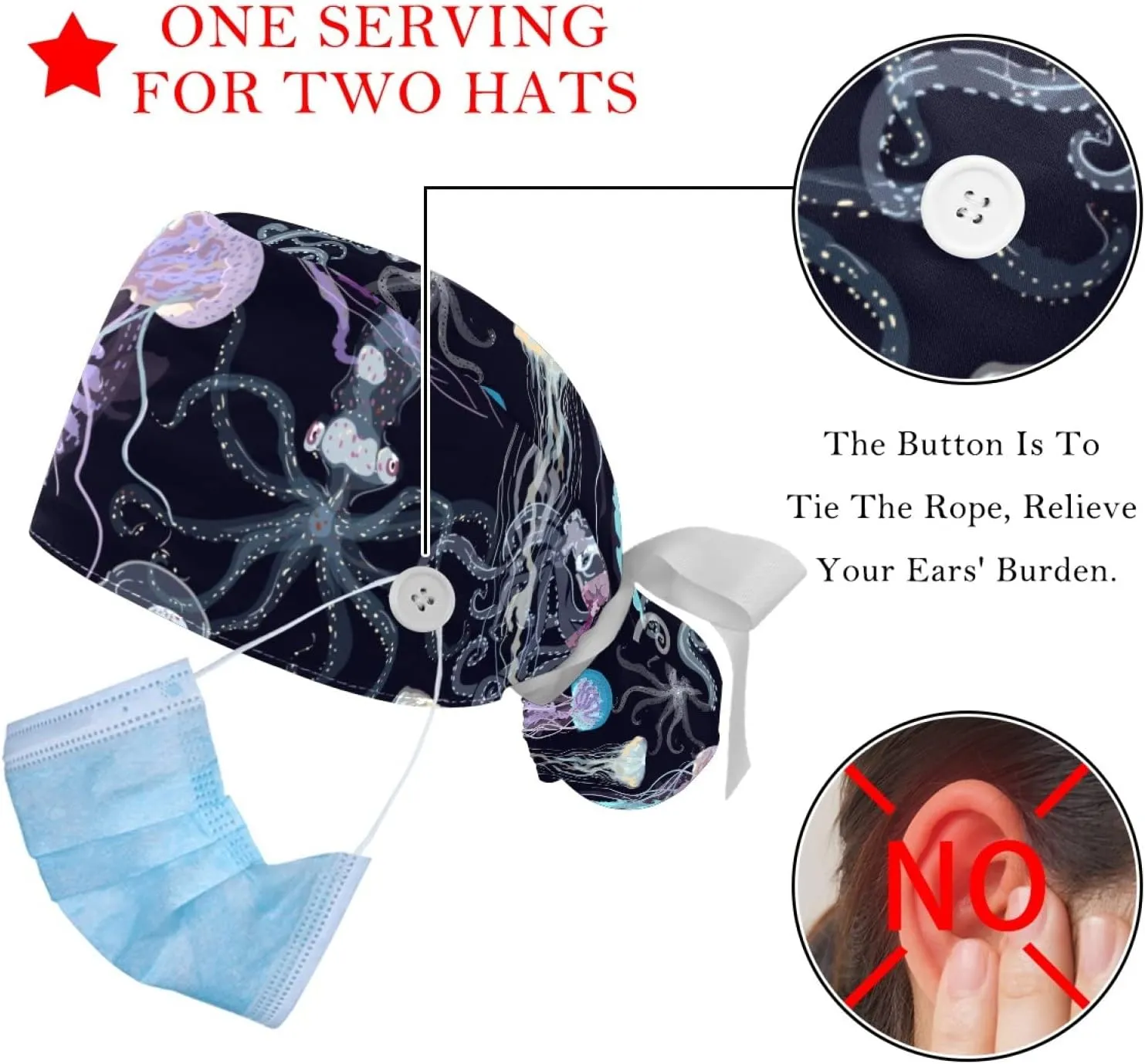 2 Pcs Womens Working Caps with Button Ocean Turtle Long Hair Cover Ribbon Lace-Up Hat