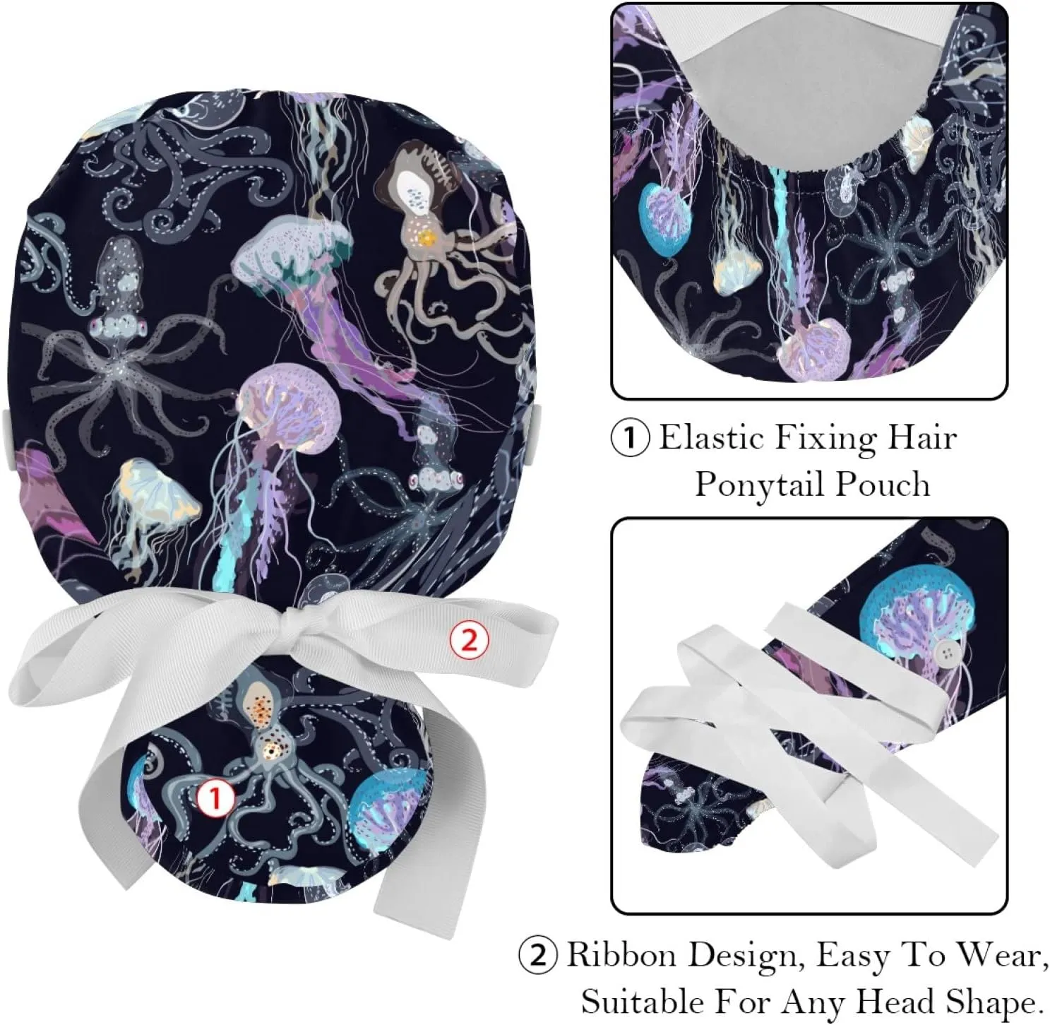 2 Pcs Womens Working Caps with Button Ocean Turtle Long Hair Cover Ribbon Lace-Up Hat