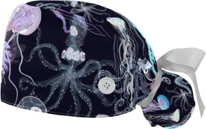 2 Pcs Womens Working Caps with Button Ocean Turtle Long Hair Cover Ribbon Lace-Up Hat