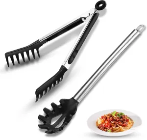 2 Pieces Spaghetti Spoon and Pasta Tong,Non-stick 13 Inch Silicone Spaghetti Fork and 9.8 Inch Stainless Steel Handle Spaghetti Tong Food Clip for Spaghetti Noodle