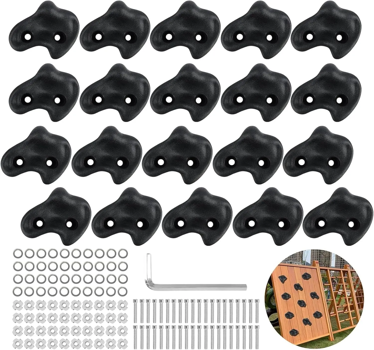 20 Pack Rock Climbing Holds Extra Large for Kids and Adults, Polyethylene Climbing Rocks with Mounting Hardware, DIY Indoor Outdoor Playground Backyard Park Play Set (Light Black)