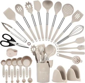 28 Pcs Silicone Cooking Utensils Set with Stainless Steel Handle, 446 Heat-Resistant Kitchen Utensils Set with Holder, Dishwasher Washable Silicone Spatula for Non-stick Cookware (Khaki)