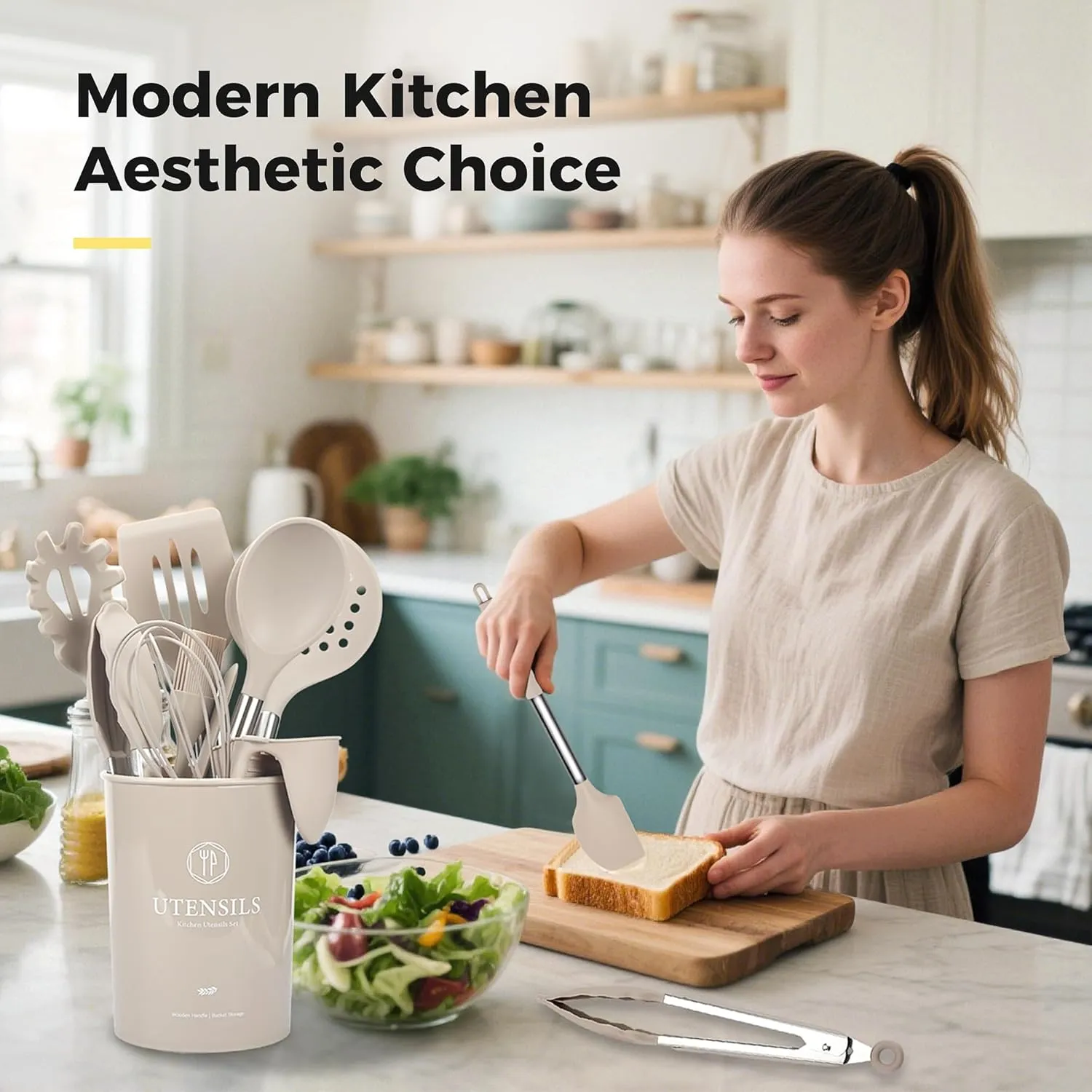 28 Pcs Silicone Cooking Utensils Set with Stainless Steel Handle, 446 Heat-Resistant Kitchen Utensils Set with Holder, Dishwasher Washable Silicone Spatula for Non-stick Cookware (Khaki)