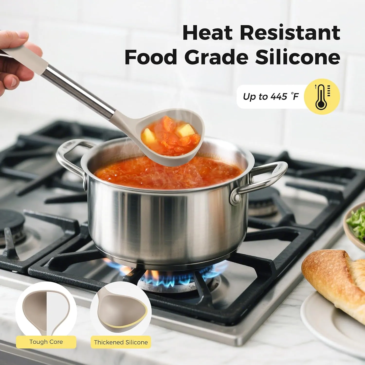 28 Pcs Silicone Cooking Utensils Set with Stainless Steel Handle, 446 Heat-Resistant Kitchen Utensils Set with Holder, Dishwasher Washable Silicone Spatula for Non-stick Cookware (Khaki)
