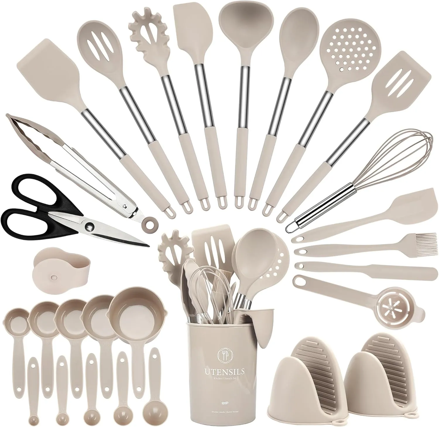 28 Pcs Silicone Cooking Utensils Set with Stainless Steel Handle, 446 Heat-Resistant Kitchen Utensils Set with Holder, Dishwasher Washable Silicone Spatula for Non-stick Cookware (Khaki)