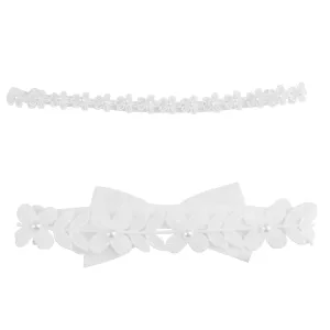 2Pcs Baby Girl Christening Headbands, White Flower Elegant Stretchy Baptism Halo with Cute Tulle Pearl Hair Strap, Elastic Soft Lace Gift for Pure Newborns Infants Toddlers Birthday Accessories