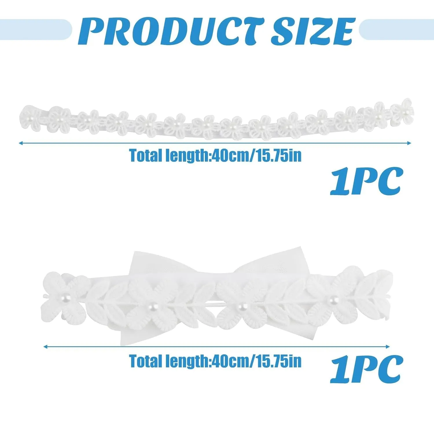 2Pcs Baby Girl Christening Headbands, White Flower Elegant Stretchy Baptism Halo with Cute Tulle Pearl Hair Strap, Elastic Soft Lace Gift for Pure Newborns Infants Toddlers Birthday Accessories