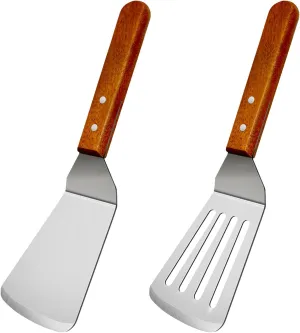 2Pcs Metal Spatulas Set, Metal Spatula for Cast Iron Skillet, Cooking Utensils Fish Egg Grill Spatula Stainless Steel Slotted Spatula, Wok Flat Top Small Metal Spatula Turner with Wood Handle