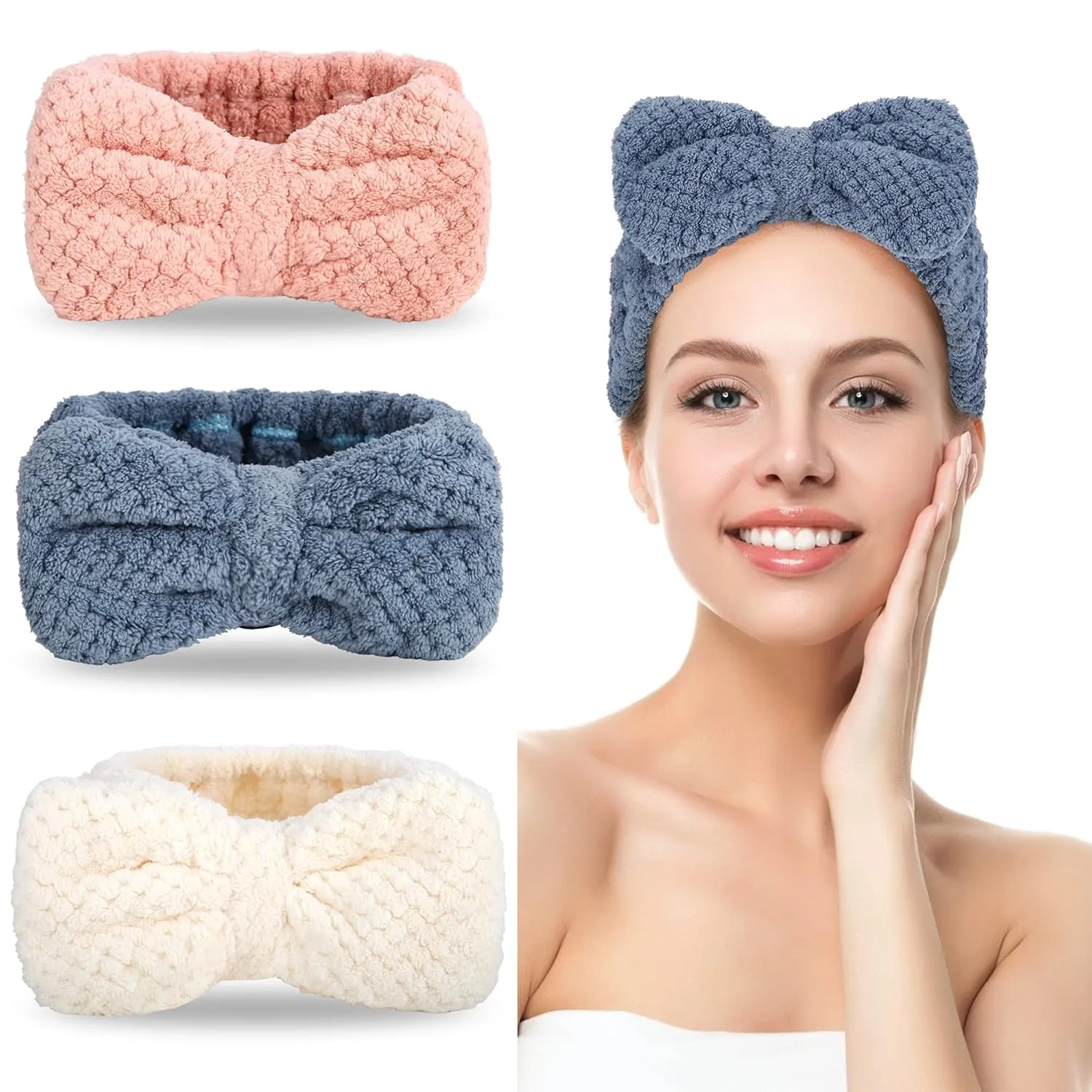 3 Pack Microfiber Bowtie Headbands for Women - Makeup, Skincare, Face Washing Headbands (White, Pink, Navy)