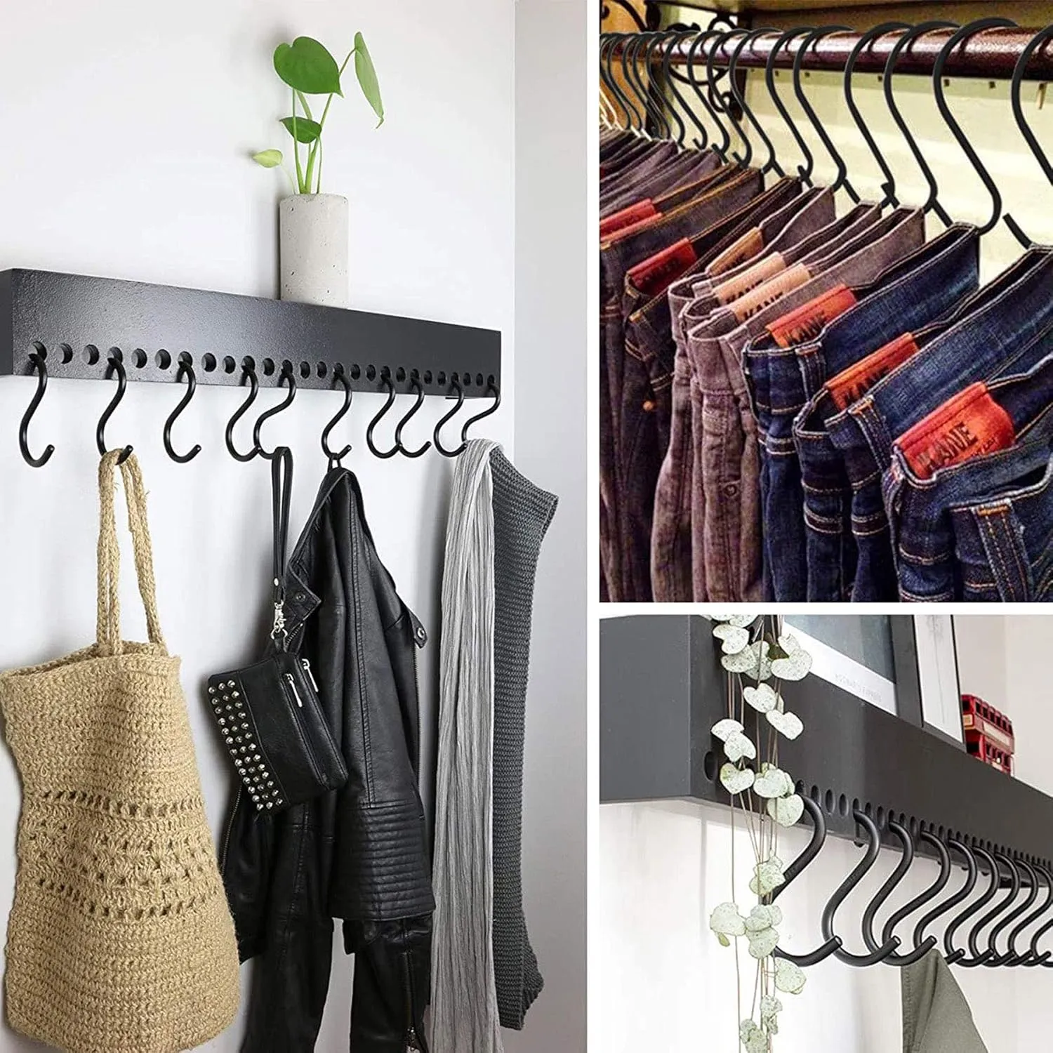 30 Pack 3.5 inch Heavy Duty S Hooks - Plants, Outdoor, Light, Cup, Large Hangers for Kitchen, Bathroom, Bedroom and Office (Black)