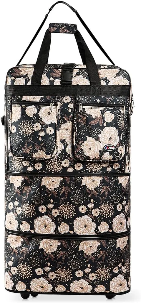 30" 36" 40" Rolling Wheeled Duffel Bag Spinner Luggage Expandable (BlackWhiteFloral, 30")