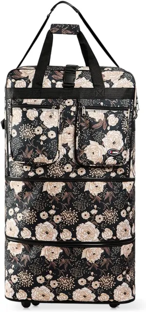 30" 36" 40" Rolling Wheeled Duffel Bag Spinner Luggage Expandable (BlackWhiteFloral, 30")