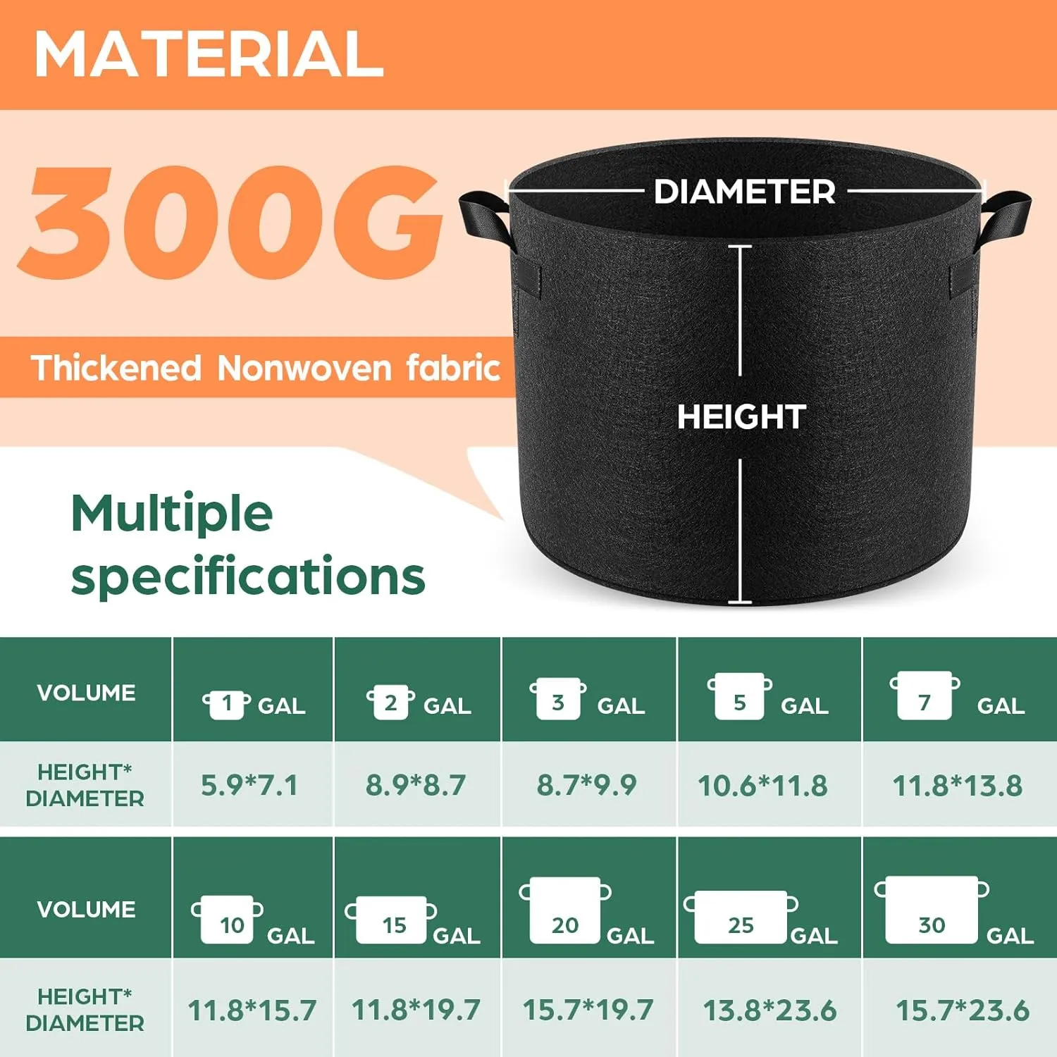 5 Pack 5 Gallon Thickened Grow Bags, Aeration Nonwoven Fabric Plant Pots with Durable Handles, Heavy Duty 300G Planter Pot for Tomato, Potato and Vegetable
