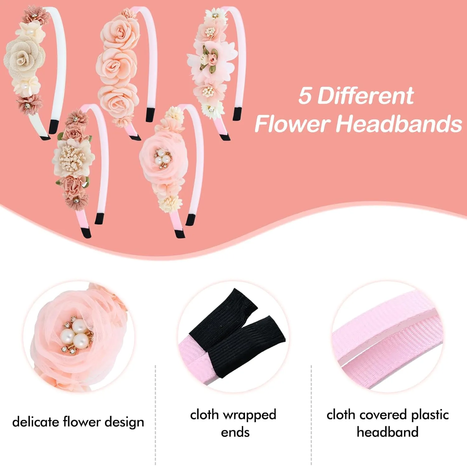 5 Pieces Beige Pink Plastic Flower Headbands Floral Hair Bands Hoops Accessories for Baby Girls Toddlers Kids Teens