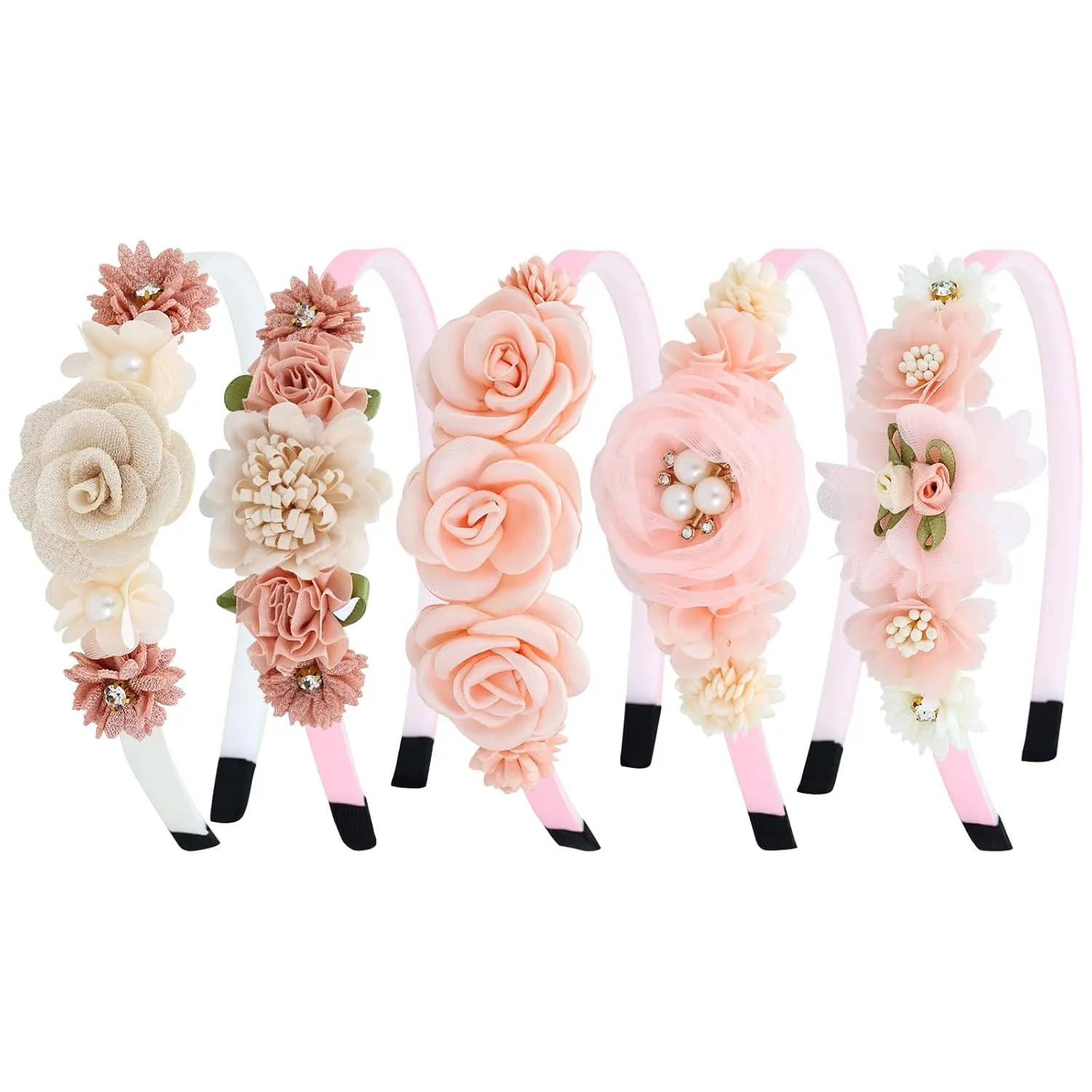 5 Pieces Beige Pink Plastic Flower Headbands Floral Hair Bands Hoops Accessories for Baby Girls Toddlers Kids Teens