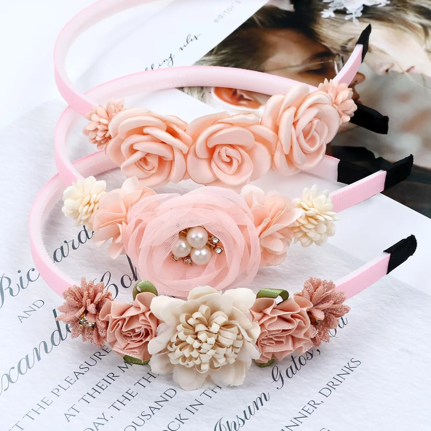 5 Pieces Beige Pink Plastic Flower Headbands Floral Hair Bands Hoops Accessories for Baby Girls Toddlers Kids Teens