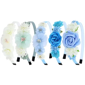 5 Pieces Ivory Blue Plastic Flower Headbands Floral Hair Bands Hoops Accessories for Baby Girls Toddlers Kids Teens