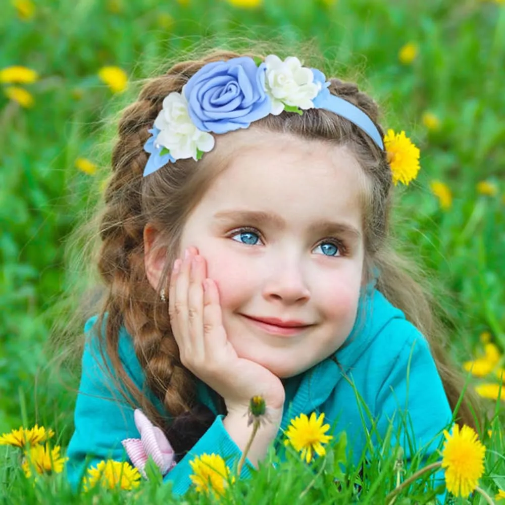 5 Pieces Ivory Blue Plastic Flower Headbands Floral Hair Bands Hoops Accessories for Baby Girls Toddlers Kids Teens