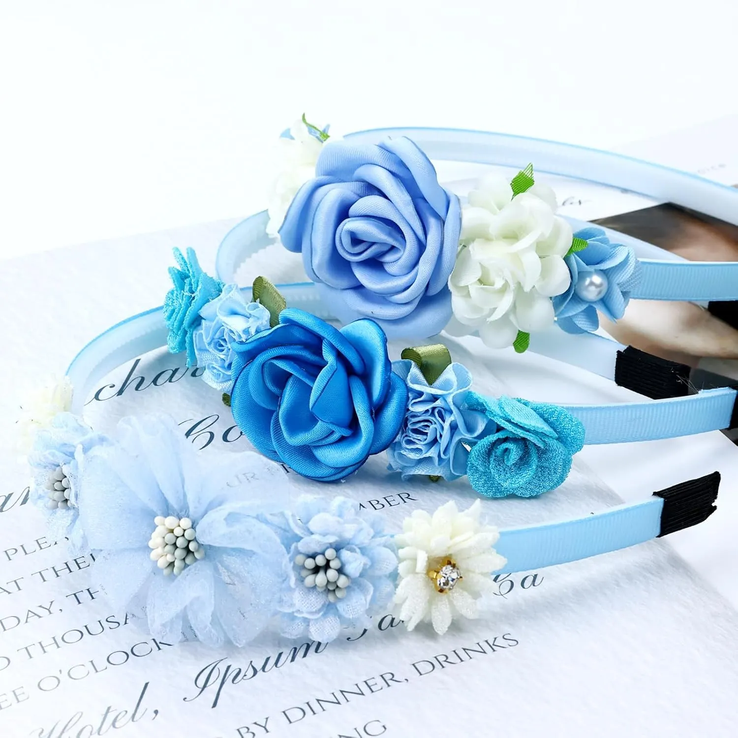 5 Pieces Ivory Blue Plastic Flower Headbands Floral Hair Bands Hoops Accessories for Baby Girls Toddlers Kids Teens