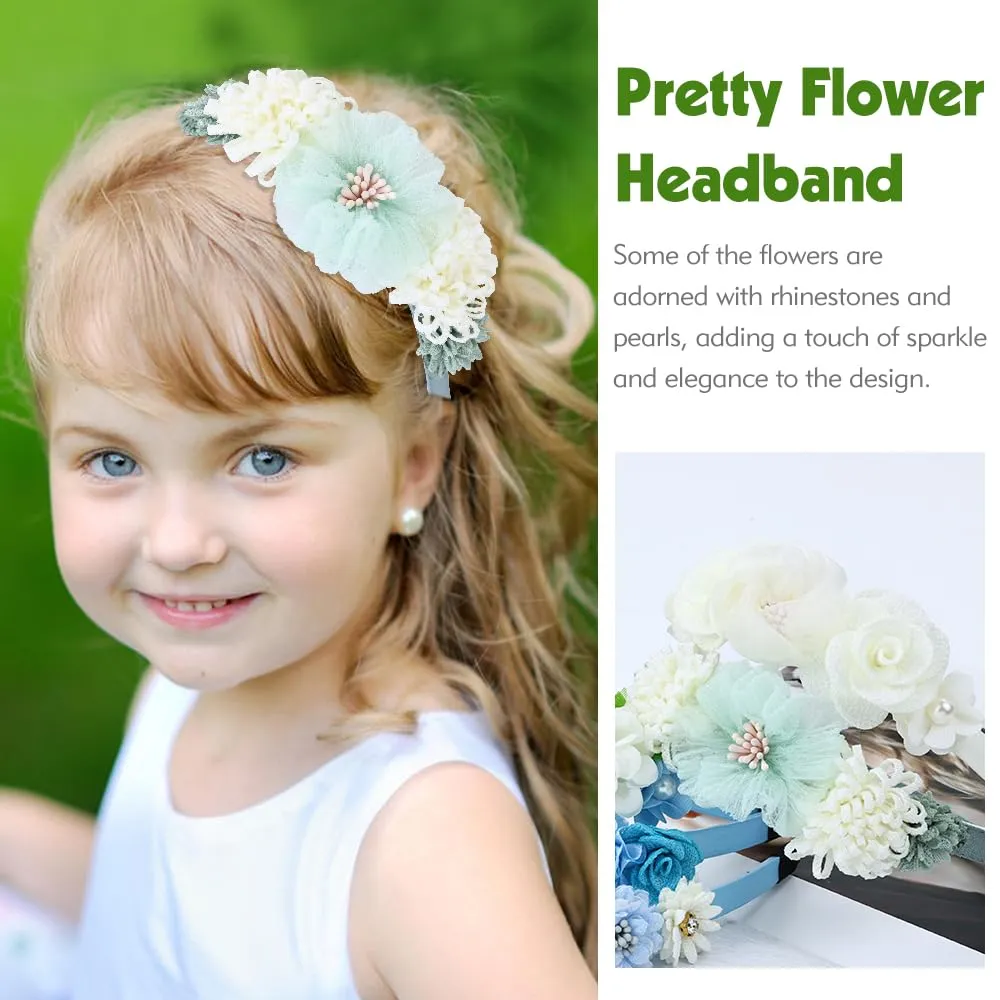 5 Pieces Ivory Blue Plastic Flower Headbands Floral Hair Bands Hoops Accessories for Baby Girls Toddlers Kids Teens