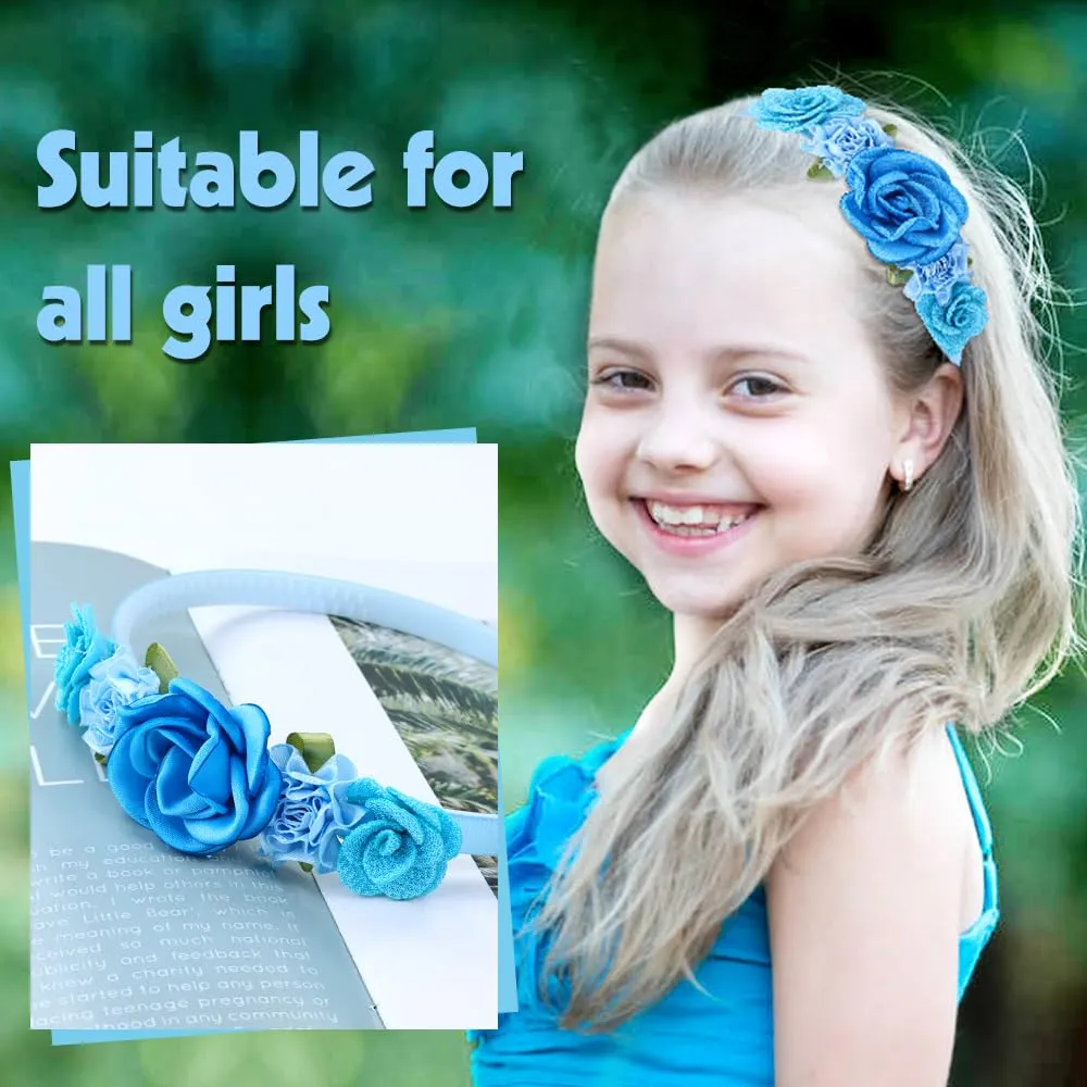 5 Pieces Ivory Blue Plastic Flower Headbands Floral Hair Bands Hoops Accessories for Baby Girls Toddlers Kids Teens