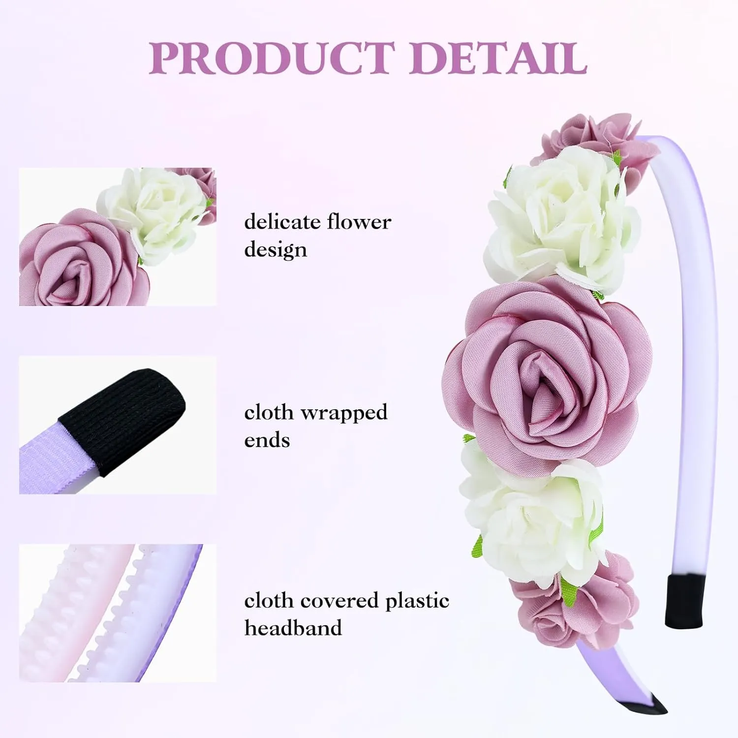5 Pieces Ivory Purple Plastic Flower Headbands Floral Hair Bands Hoops Accessories for Baby Girls Toddlers Kids Teens
