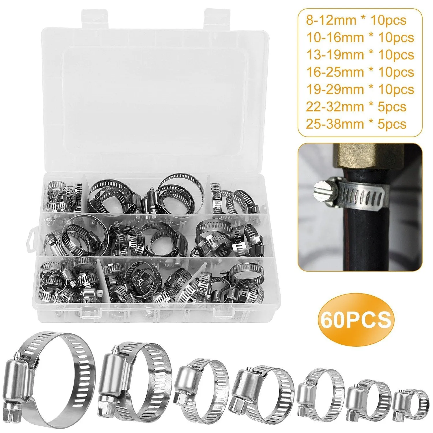 60-Pieces: Hose Clamp Stainless Steel Adjustable Worm Gear