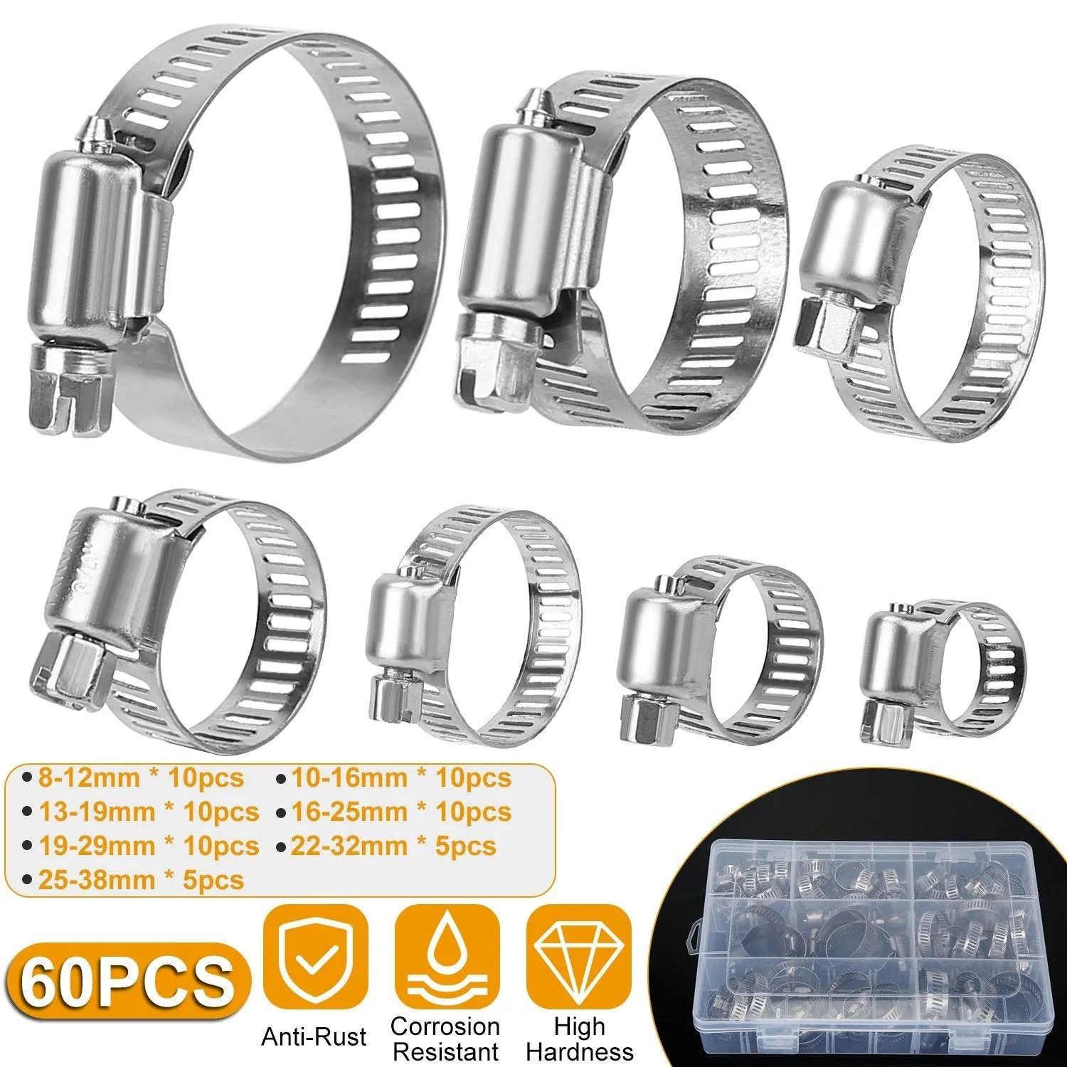 60-Pieces: Hose Clamp Stainless Steel Adjustable Worm Gear