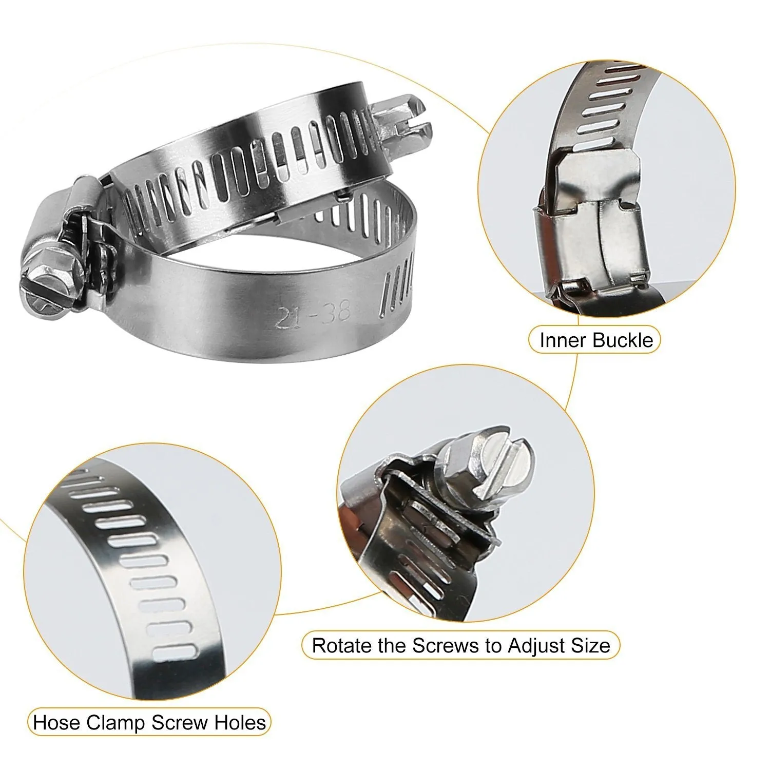 60-Pieces: Hose Clamp Stainless Steel Adjustable Worm Gear