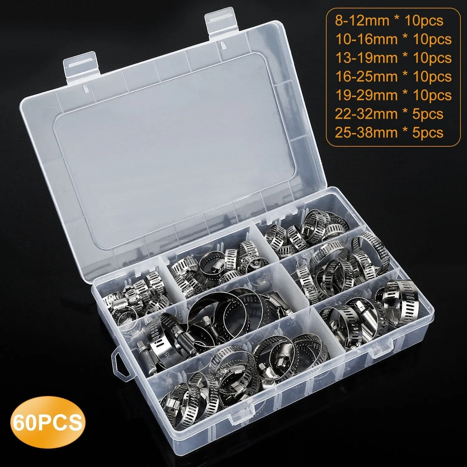 60-Pieces: Hose Clamp Stainless Steel Adjustable Worm Gear