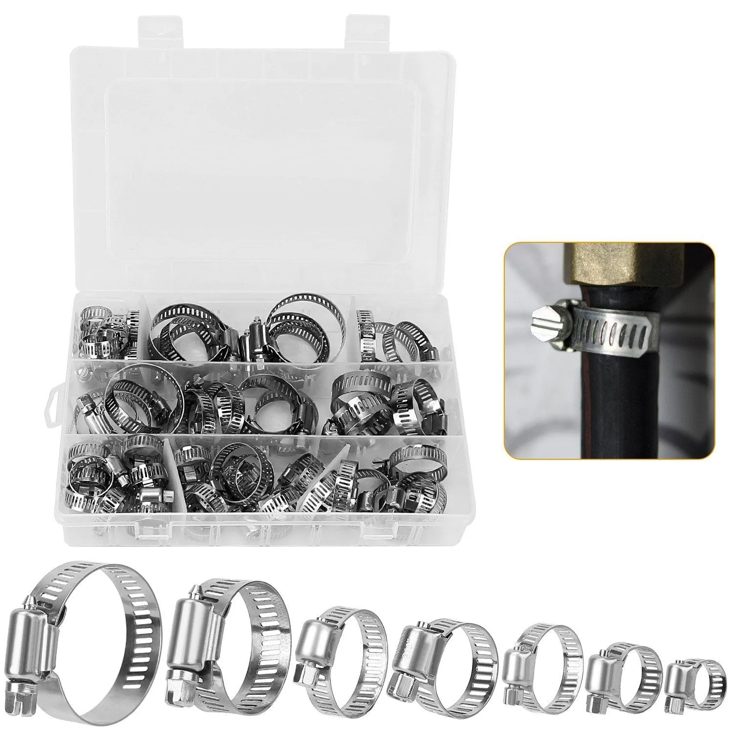 60-Pieces: Hose Clamp Stainless Steel Adjustable Worm Gear