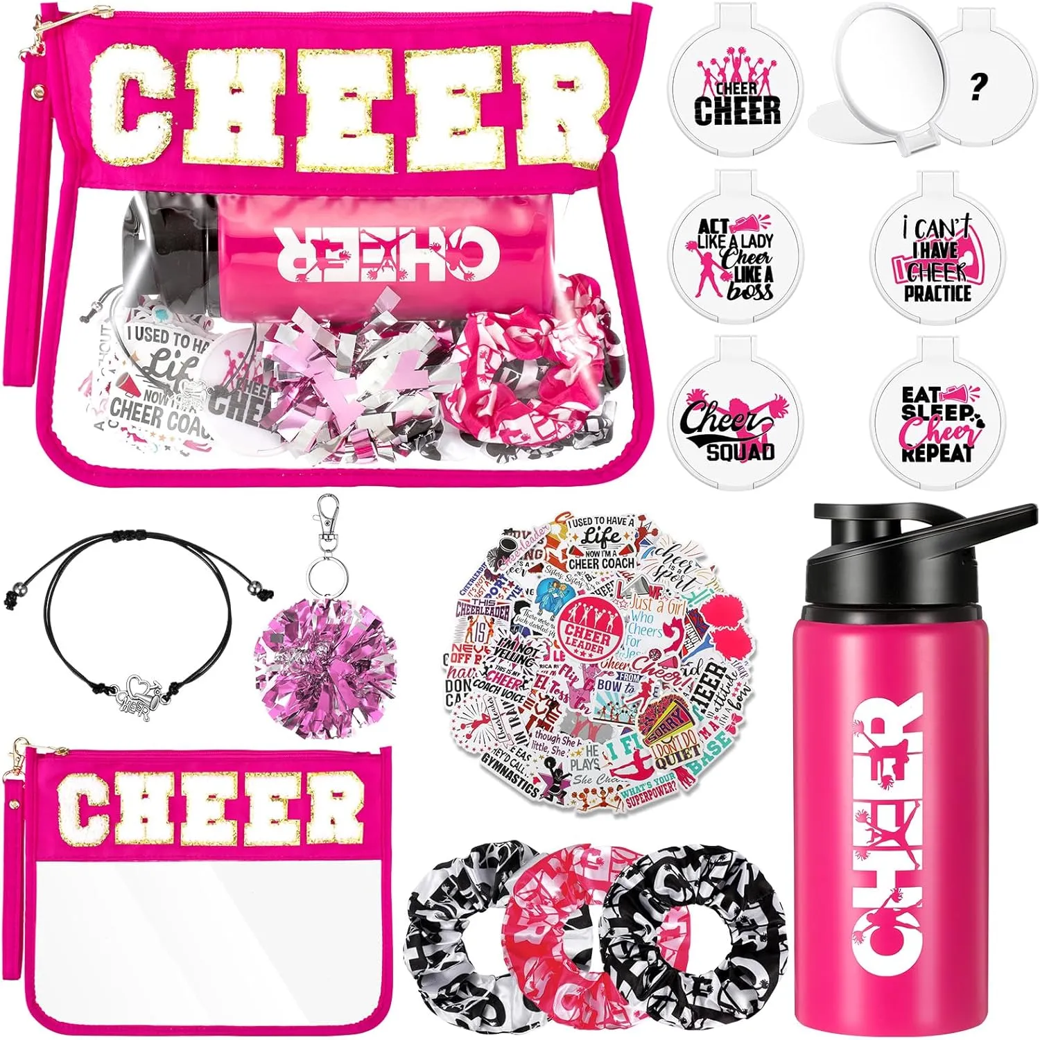 9 Pcs Cheerleader Gifts for Girls Cheer Makeup Bag 20oz Water Bottle Cheerleading Scrunchie Mirror Keychain Charm Bracelet Stickers for Senior Night Cheerleader Gifts Cheer Accessories Stuff