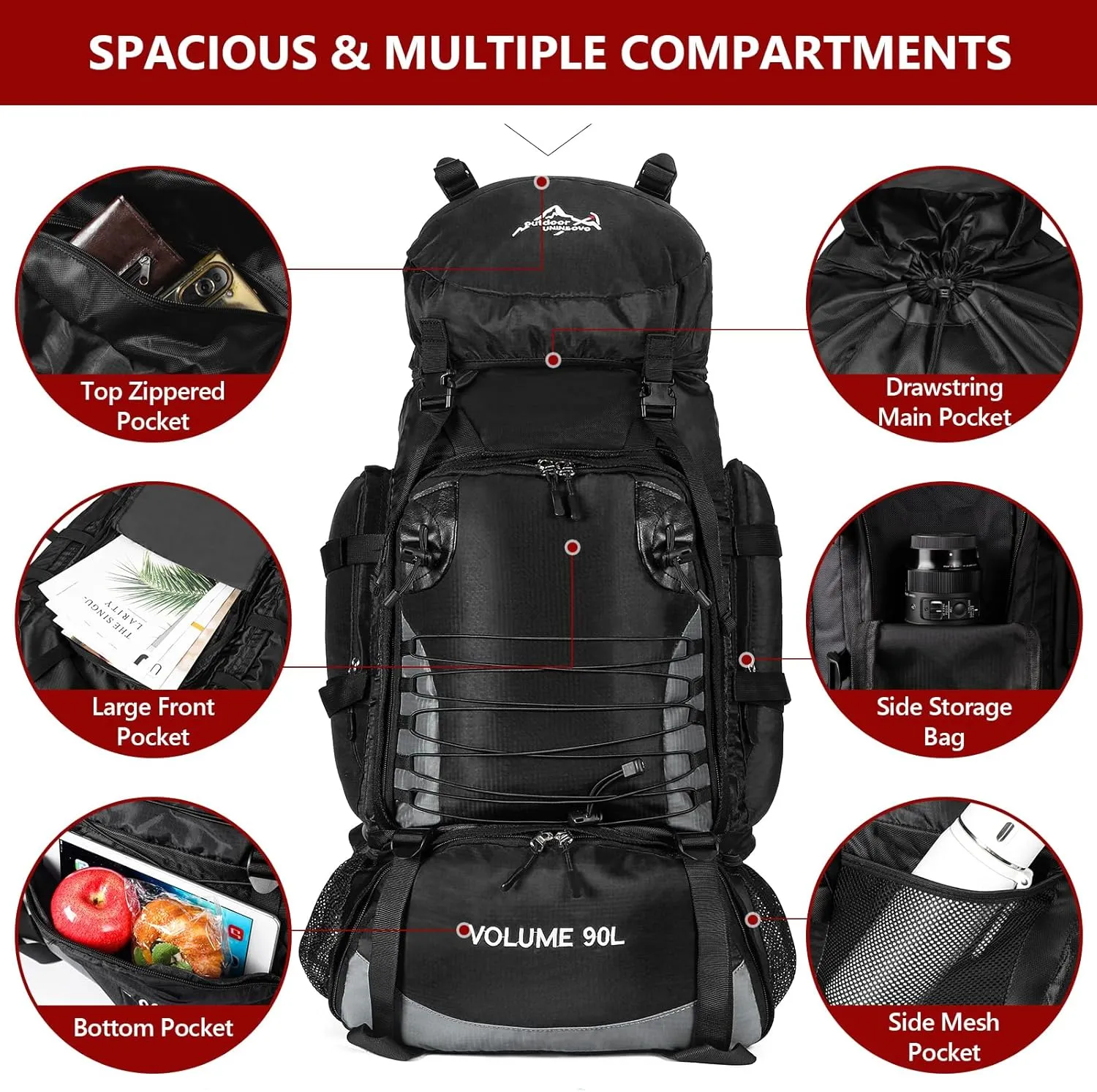 90L Hiking Backpack, Waterproof Camping Bag with Rain Cover, Lightweight Backpacking Back Pack
